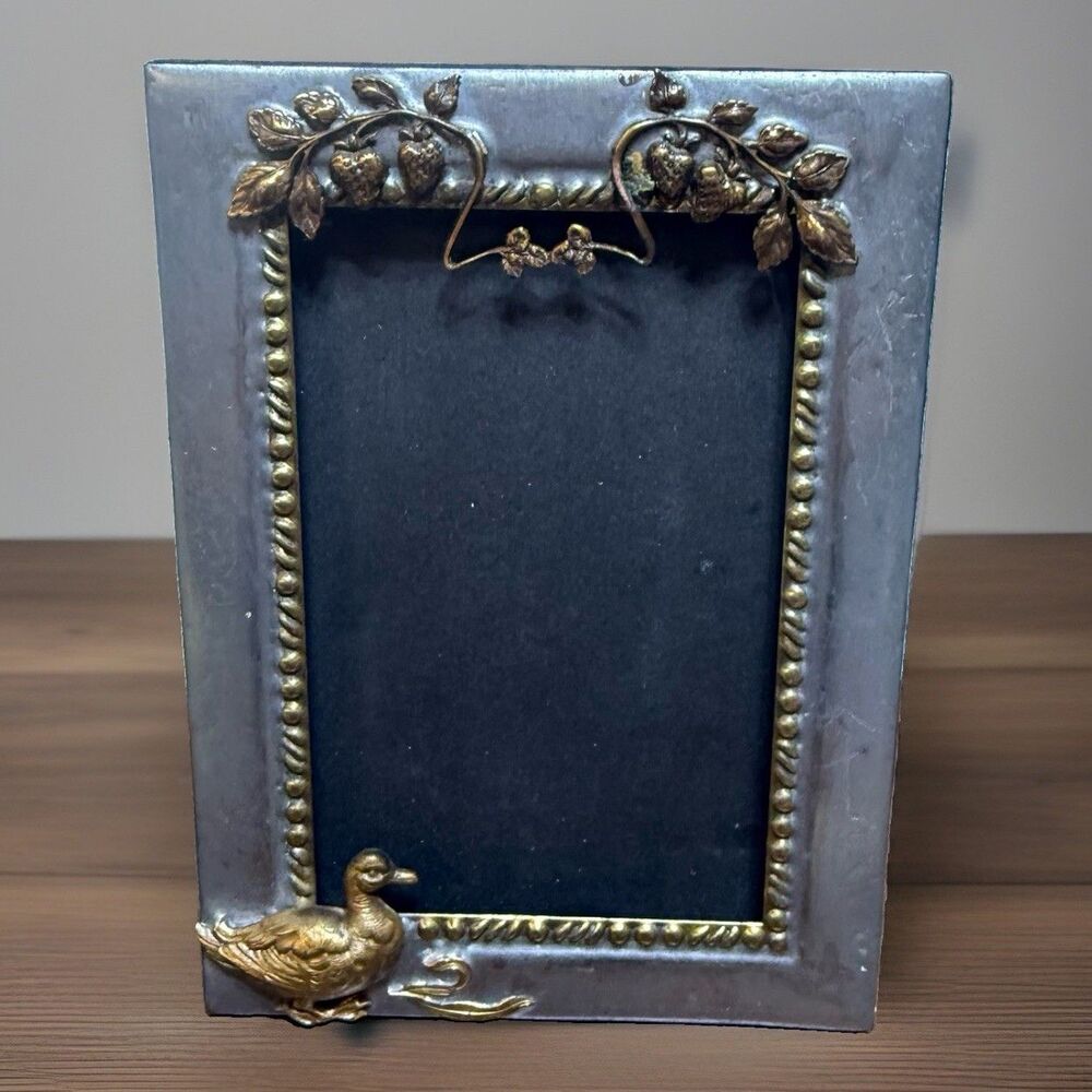 VTG Pewter Gold Brass Duck Photo Frame Cottagecore Rustic Strawberry Cabincore